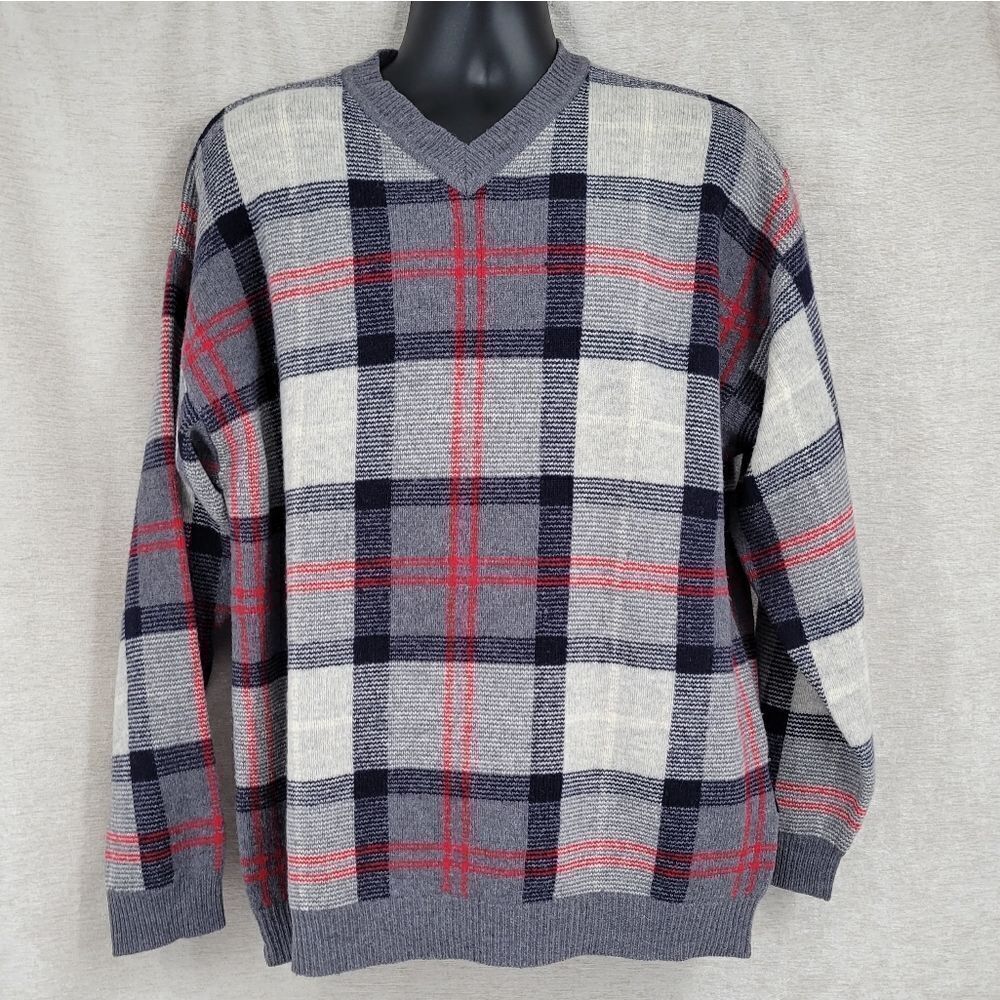 Nautica Vintage Wool V-Neck Navy Gray Red Windowpane Plaid Sweater Men's Large